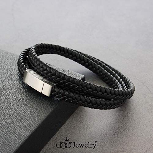 555Jewelry Stainless Steel Braided Double Wrap Leather Twist Rope Chain Cord Adjustable Magnetic Clasp Simple Men Women Unisex Fashion Jewelry Accessory Bangle Bracelet, Black & Silver 7.5 Inch - Image 6