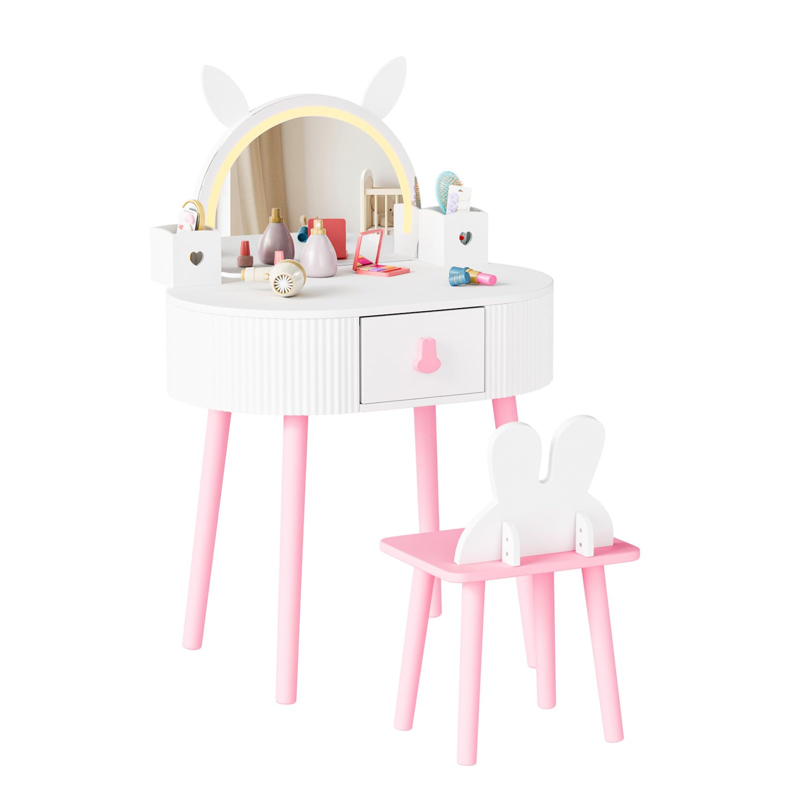 JOYMOR Kids Vanity with Lights, Girls Vanity Set w/Touch Screen 3 Colors Adjustment, Solid Wood Leg, 1 Drawer, 2 Storage Boxes, Kids Vanity Table and