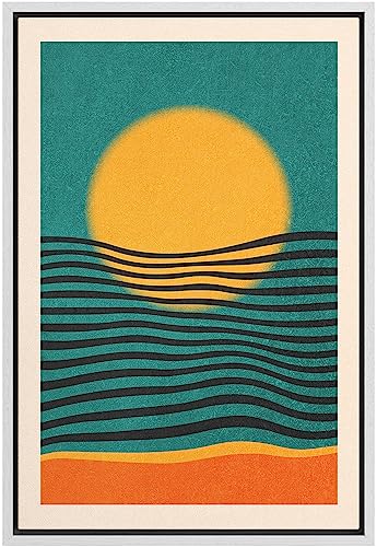 SIGNFORD Framed Canvas Print Wall Art Mid-Century Modern Geometric Sun Line Pattern Abstract Shapes Modern Art Illustrations Boho Style Decorative Colorful Multicolor for Bedroom - 24"x36" WHITE