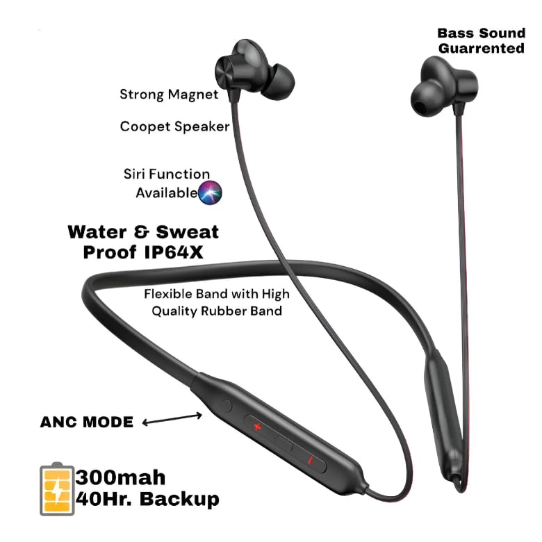Image of Neckand Bluetooth Neckband Earphones | Black | Magnetic Sensor On /Off | Type-C Fast Charging | 48 Hour Battery Backup | Best Sound Quality