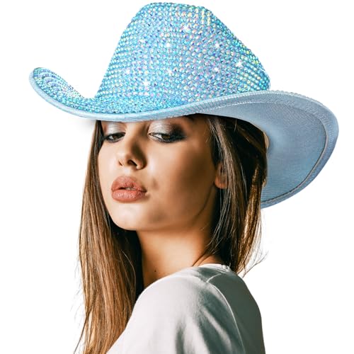 Image of Hercicy Rhinestone Cowboy Hat with Diamond Fringe CowHat for Cosplay Wedding circumference between 21.5 and 23.5 inches