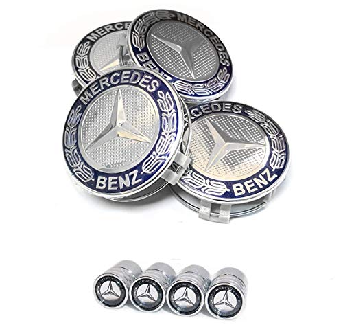 IGGY - 4 Tapas de buje compatibles de 75 mm, Hoja de Laurel Azul Oscuro para Llantas de aleación  Clase A B C y CLA CLK