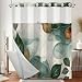 NAEMBCU Abstract Botanical Shower Curtain with Snap in Liner - Green & Gold Leaf Art Print Bathroom Shower Curtain No Hooks, Waterproof Double Layer Bath Curtain with Mesh Top Window, 71″W x 74″L