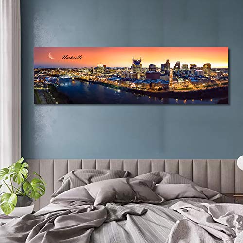 Nashville Skyline Wall Art for Living Room Cityscape Canvas Modern Home Decor Panorama Pictures City Building House Decorations Skyscraper Artwork Night View Posters and Prints 12x46 Inch 1 Panel - Image 3