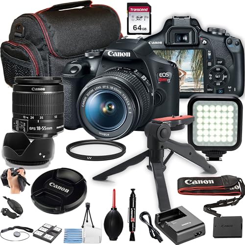 Canon EOS Rebel T7 DSLR Camera Bundle – EF-S 18-55mm Lens, 64GB Memory Card, LED Video Light, Tripod, Camera Case & Accessories Kit (Renewed)