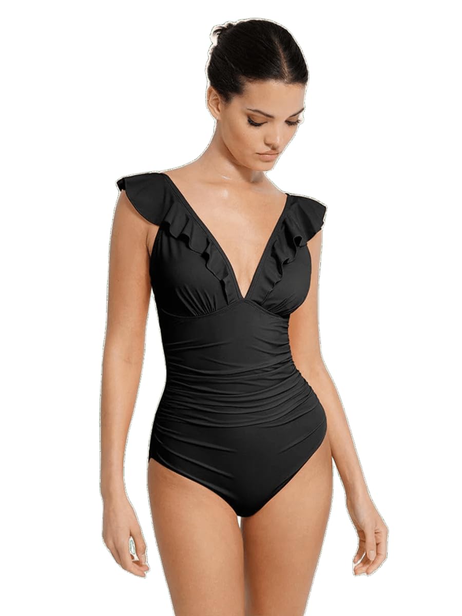 shop the edit Shop Women's Ruffled One Piece Swimsuit – V Neck Lace-Up Tummy Control Swimwear, Flattering Ruched Monokini for Beach, Pool & Resort Wear-picture-10