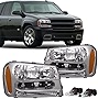 JSBOYAT Headlight Assembly with Bulbs Replacement for 2002-2009 Chevy Trailblazer w/ Full Width Grille Passenger and Driver Side, Chrome Housing with Amber Reflector