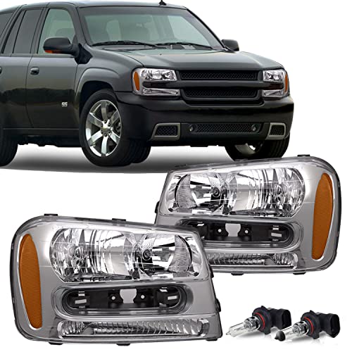 JSBOYAT Headlight Assembly with Bulbs Replacement for 2002-2009 Chevy Trailblazer w/ Full Width Grille Passenger and Driver Side, Chrome Housing with Amber Reflector