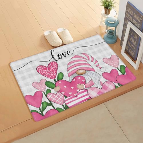 Jolunifun Valentine's Gnomes Plaid Kitchen Bath Door Mat Cushioned Runner Rug,Washable Welcome Floor Sink Antifatigue Mat,Waterproof & Non-Slip Comfort Standing Doormat,Gnomes Buffalo Stripes 18