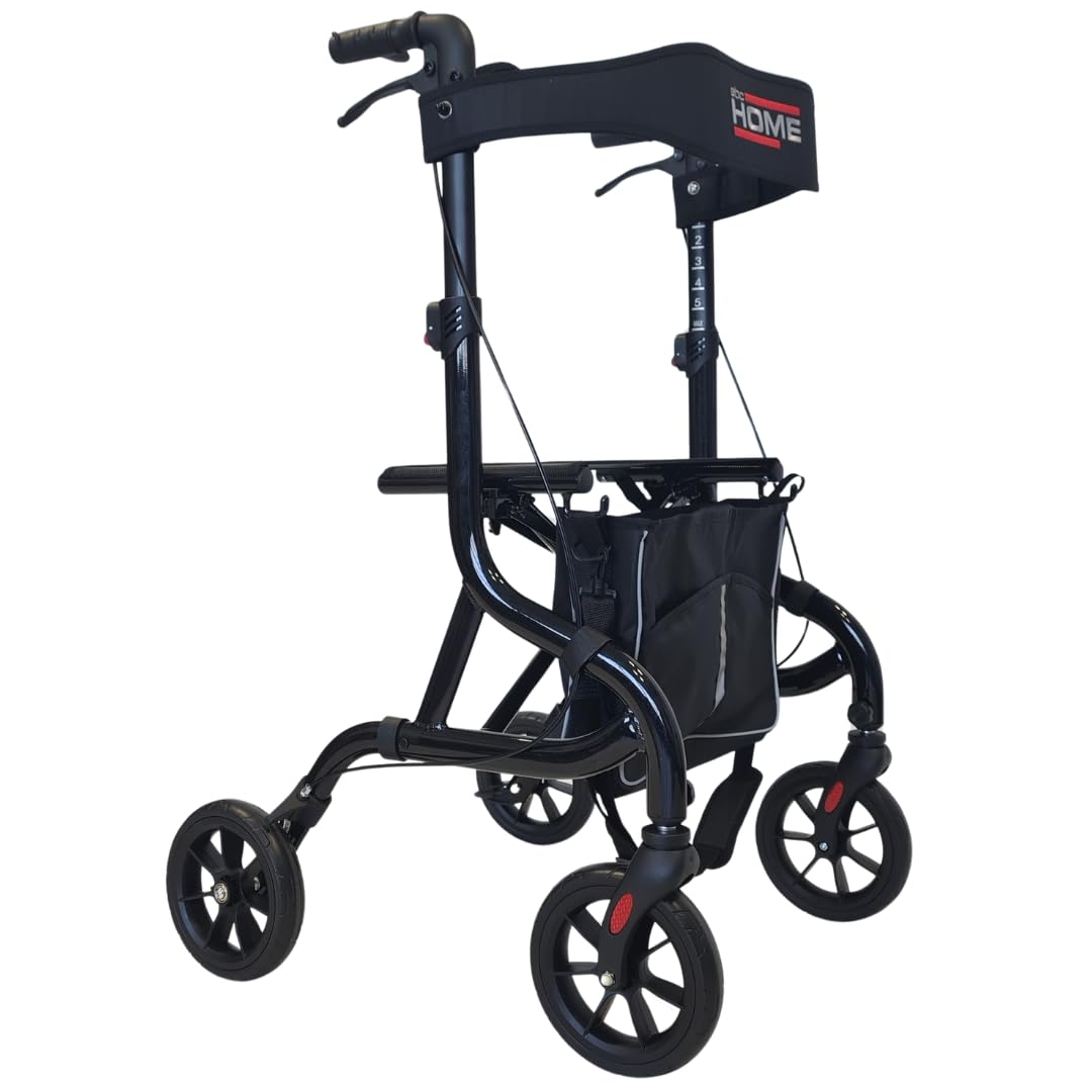 abc HOME Ultra-Leichtgewicht Rollator 6 kg – Aluminium Gehwagen klappbar bis 130 kg – Reise-Rollator mit Ankipphilfe, Sitz & Tasche – 5-fach höhenverstellbar – Schwarz (Nobles Schwarz)