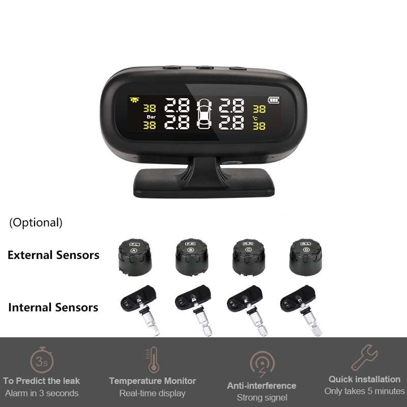 Tpms Sistema di monitoraggio della pressione dei pneumatici for auto con ricarica solare, sensore wireless, monitoraggio dei sensori di pressione impermeabili IP68 a 4 ruote Pressione Pneumatici(Inter