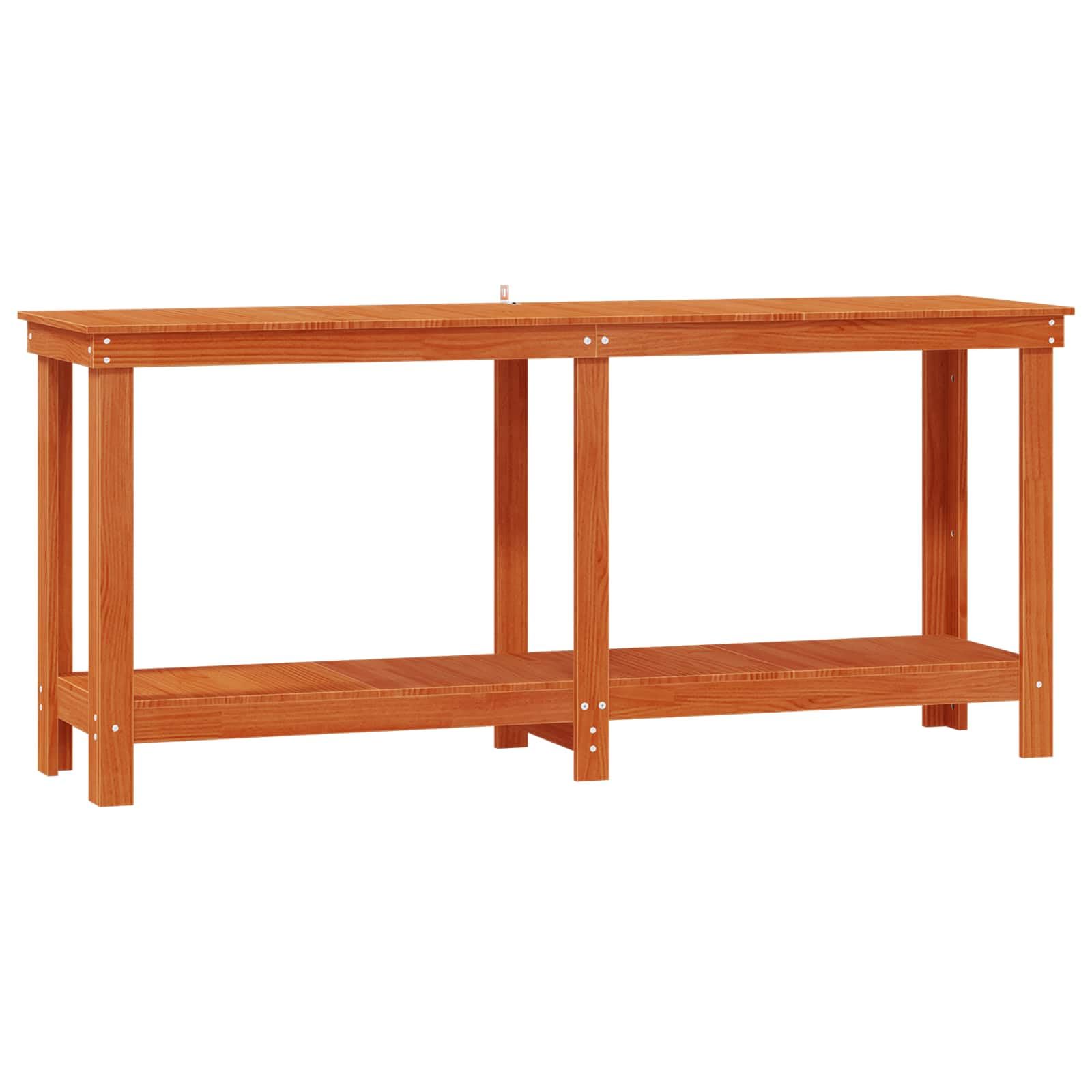 Banco da lavoro in legno di pino massiccio marrone cerato, 180 x 50 x 80 cm, rettangolare, con ripiani per riporre oggetti, moderno banco da lavoro per cucina o garage, facile da montare e facile da