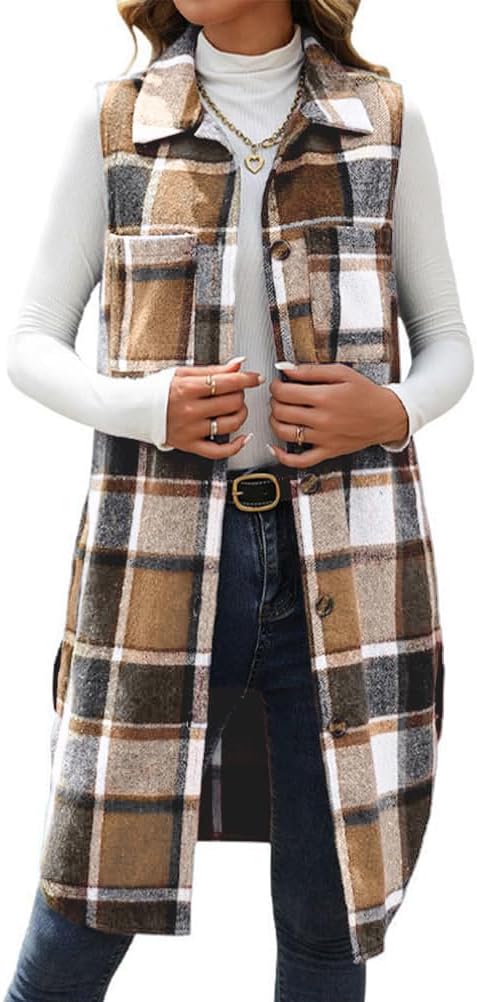 Mywinway Long Plaid Vest for Women Fall Winter Sleeveless Blazer Jackets Outerwear Trendy Tops