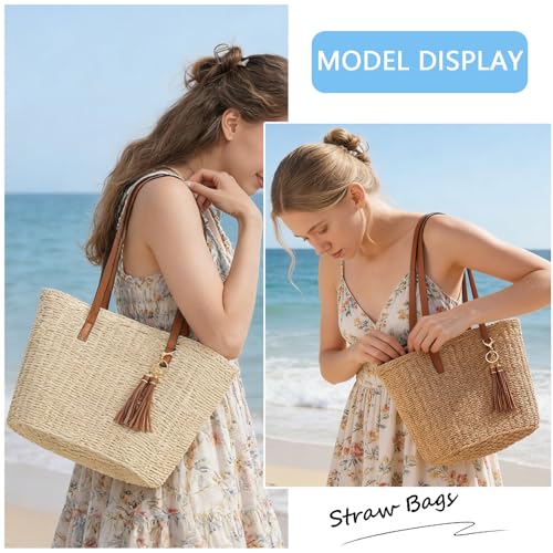 Bolso tote grande de paja para mujer miniatura 3