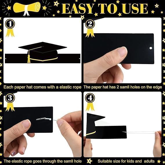 36 cappellini di laurea per bambini e adulti, corona di carta per laurea, corona di carta regolabile, decorazione per regali di laurea per bambini, asilo, regali prescolari, nero