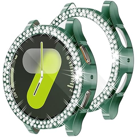 Wugongyan Case Compatible with Samsung Galaxy Watch 7 40mm 44mm Screen Protector Bling Double Row Crystal Diamonds Flexible TPU Galaxy Watch 7 Face Cover Accessories（Cold Emerald, 40mm） Cover