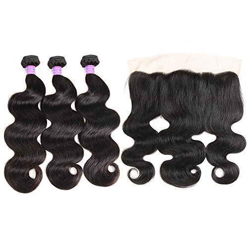 YIDA HAIR Brazilian Body Wave 3 Bundles With Lace Frontal Closure Free Part 100% Unprocessed Virgin Human Hair Bundle Weave Deals(10 12 14 with 10 free)