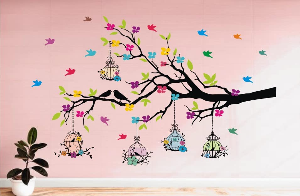 Heaven Decors ''Wall Decoration Sticker Tree Branches with Birdcage and Flower'' (Ideal Size on Wall: 127 cm x 80 cm) Multicolour