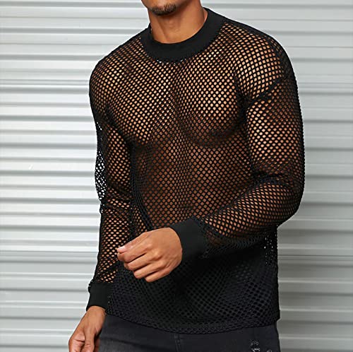 Ymosrh Men's Long Sleeve Shirts Fishnet Shirt Top Mesh Transparent Muscle T-Shirt Net Undershirt Top T Shirt, M-4XL4