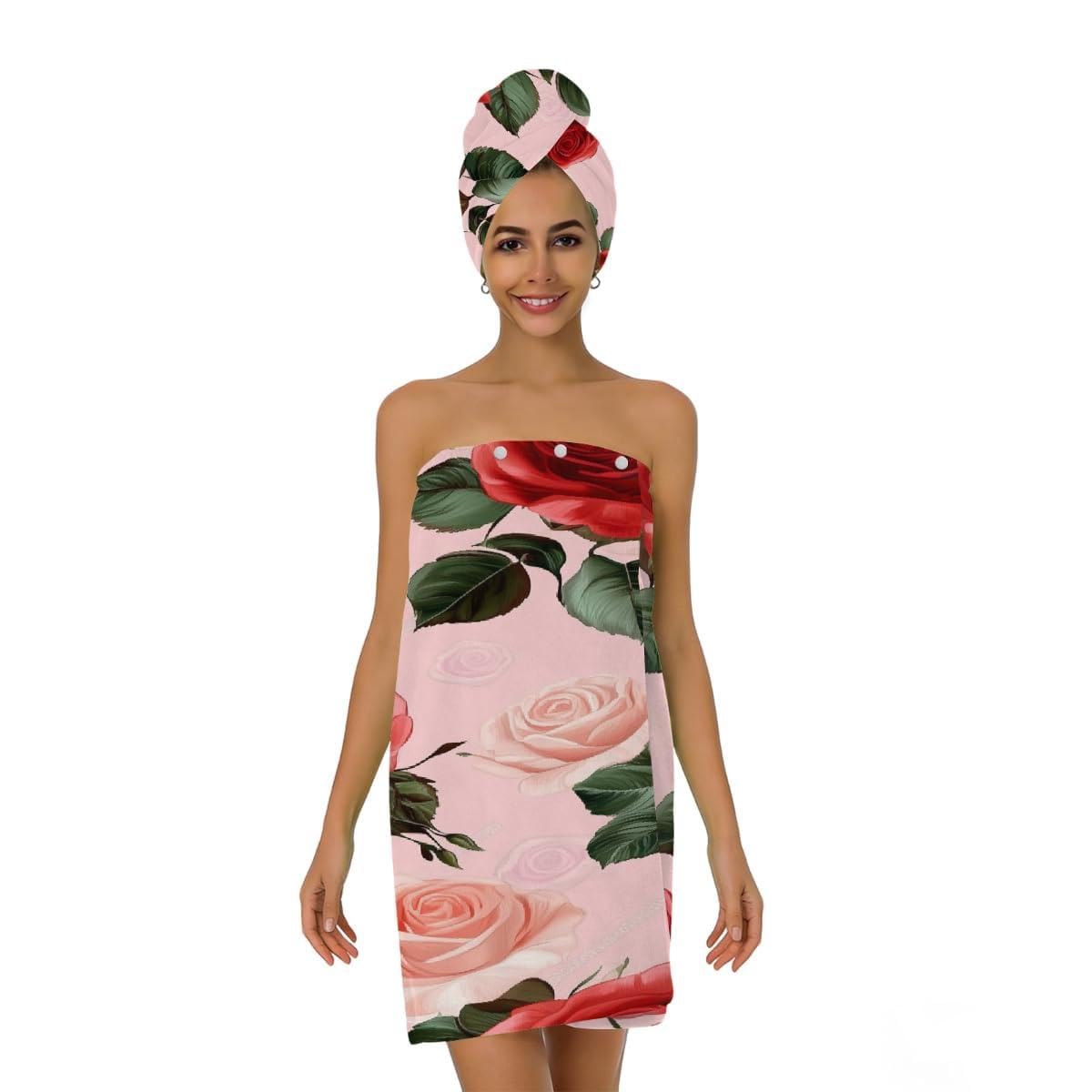 Lot de 2 serviettes de douche en microfibre pour femme avec serviette à cheveux, rose rouge, robe avec bonnet de séchage des cheveux pour plage, piscine, spa