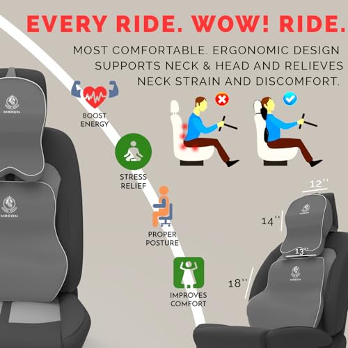 Image of MRRON Orthopedic Memory Foam Lumbar Backrest & Neck Rest Cushion for Car Seat - Ergonomic Car Back & Neck Support Pillow Combo - Pain Relief for Long Drives, Sciatica, Posture (Grey, Long Back)