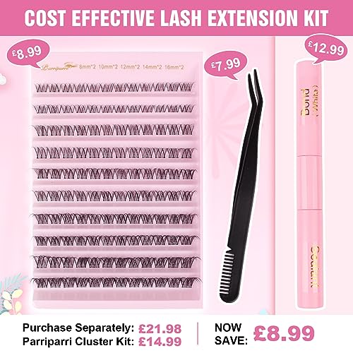 Parriparri Cluster Lashes Kit Clear Band 120Pcs Individual Lashes with Bond and Seal and Lash Extension Applicator Natural Eyelash Extensions Kit False Eyelashes DIY at Home (8-16MM MIX) - Image 2