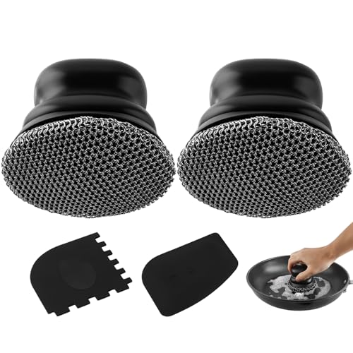Lot de 2 brosses à récurer pour poêle en Fonte, avec 2 grattoirs, Brosse à chaîne pour Vaisselle, casseroles, poêles, plaques de Barbecue, Noires