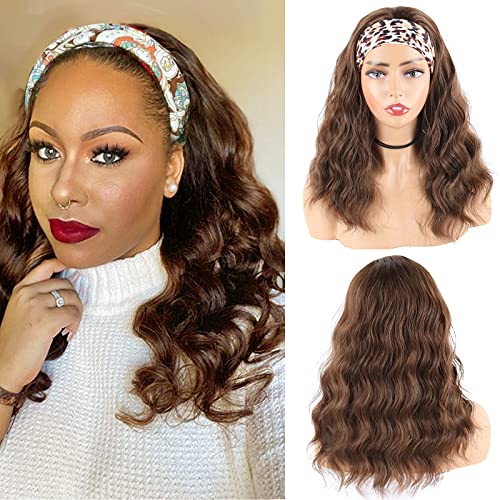 LEOSA Brown Headband Wig Body Wave Wig with Headband Attached Loose Wave Headband Half Wigs for Black Women Long Wavy Synthetic Headband Wig Natural Looking Scarf Wigs