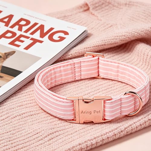 Image of ARING PET Girl Dog Collar for Puppy Small Medium Large Dogs-Pink Stripe L | Cute Female Heavy Duty Pet Collars with Metal Buckle for XS S M L XL Dogs, for City Walk Coffee Shop Visit Party Stroll