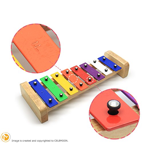 CELEMOON Natural Wooden Toddler Xylophone Glockenspiel For Kids with Multi-Colored Metal Bars Included Two Set of Child-Safe Wooden Mallets (8-tone) - Thumbnail 2