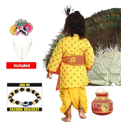 Image of Krishna Dress for Kids, Baby Krishna Dress for Janmashtami with Krishna Mukut, Peacock Feather & Flute Embroidered Krishna Costume for Girl & Boy, 3 Months-8 Years