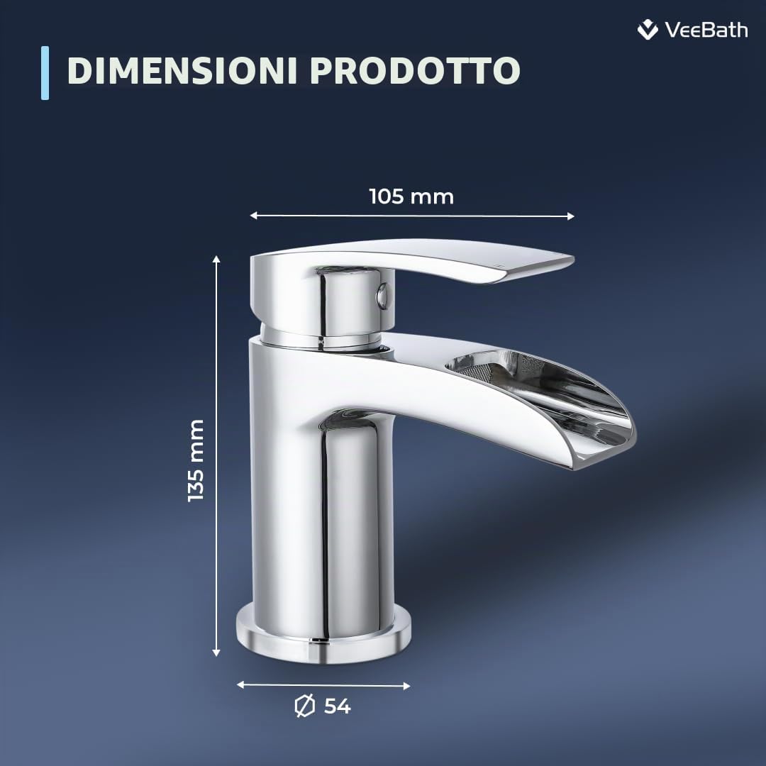 VeeBath Stream - Rubinetto miscelatore monocomando rotondo a cascata, finitura cromata, monocomando, rubinetto moderno per lavabo con scarico, rubinetto da bagno, design contemporaneo per lavabi da