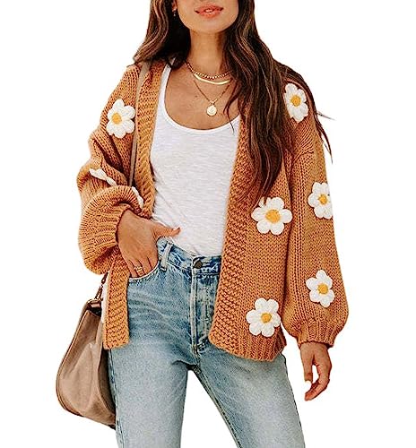 CHARTOU Women's Kawaii 3D Floral Applique Open Front Cardigan Sweater Y2k Knitwear