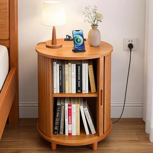 Image of DHH Round End Table with Storage & Charging Station, Fluted Accent Side Table with Sliding Door & Adjustable Shelf, Mid-Century Nightstand for Small Spaces, Living Room, Bedroom (1, Yellow Walnut)