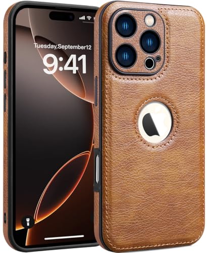 SOUTEM PU-Leder Hülle für iPhone 16 Pro Schutzhülle für Kameraobjektiv PU Leder Schlank Luxuriös Business rutschfest Griffige Robust Stoßfest Ganzkörperschutz Hülle für iPhone 16 Pro(Braun)