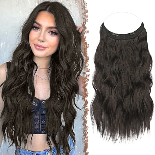 FESHFEN Invisible Wire Hair Extensions 18 Inch Natural Black Transparent Wire Secret Extension with Clips Adjustable Size Synthetic Hair Piece Long Wavy Hairpieces for Women