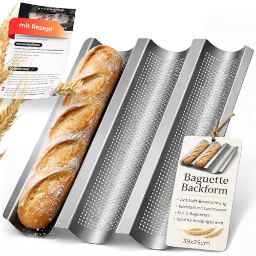 Havenhaus Baguette Backform Edelstahl I perforierte Baguette Backform für 3 Baguette Laibe 39 x 25cm I Baguette-Backblech Edelstah I hochwertigste Materialien für ewige Freude I Baguetteblech