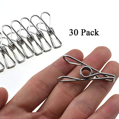 Image of HAHIYO Clothespins Chip Clips All Metal Stainless Steel No Rust Stains Strong Grip in Heavy Wind 1.7 Inches 30 Pack Small Do Not Fall Apart Open Wide for Holding Clothes Snack Bag Clamps