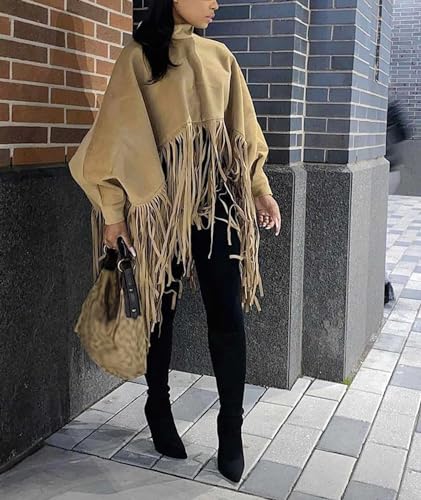xxxiticat Women's Fringe Suede Poncho Long Sleeve High Neck Asymmetric Tassel Shawl Cape Cloak Oversized Pullover Jacket3