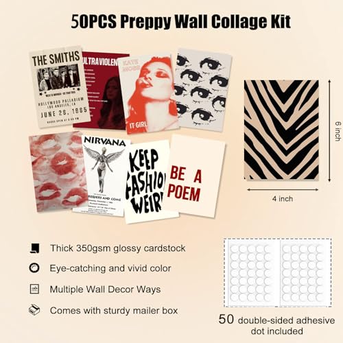 Kbkbart 50Pcs Downtown Girl Room Decor, Y2K Wall Art Prints For Bedroom, Coquette Wall Collage Kit For Room Aesthetic, 4 Inchx6 Inch Vintage Photo Collage Kit Pictures , Retro Rockstar Posters Wall Decor Dorm Decor thumb #1