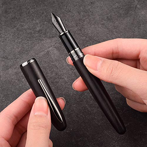 Hongdian 660 Black Wood Fountain Pen Black Extra Fine Nib, Handcrafted Natural Ebony Writing Pen With Metal Case #TOP7