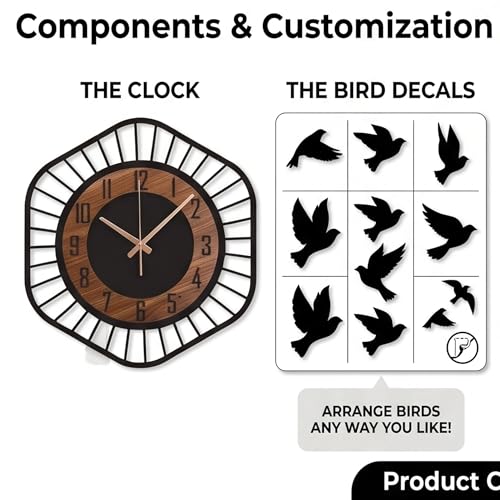 Image of DIY Modern Bird Analog Wall Clock for Hall and Living Room - Silent Non-Ticking Sweep Movement, Stylish Vintage Decorative Wall Watch for Home, Office, and Bedroom 12-Inch Black