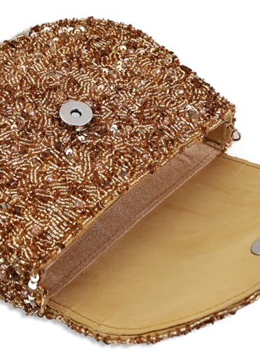 Image of THE TAN CLAN Amy Gold Flap over Bag Clutch for women Purses Luxury Evening Handbags for ladies with Detachable Handle