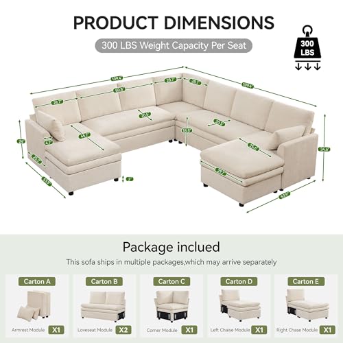 Image of 110 inch Sectional Couches with Double Chaises, Comfy Deep Dual-Layer Cushion Couch, 9 Seater Oversize Couch, Modern Modular Sofa, Chenille Sofas for Living Room, Apartment, Beige