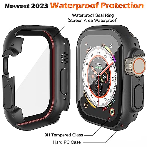 Image of Misxi [2 Pack] Waterproof Case with Button Designed for 49mm Apple Watch Ultra 2 / Ultra, Anti-Fall Protective Hard PC Cover with Tempered Glass Screen Protector for iWatch, Matte Black