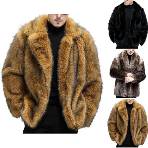 Cambkatl Men's Luxury Faux Fur Coat, Fluffy Furry Lapel Collar Long Sleeve Outerwear Winter Warm Cardigans Jacket Overcoat2