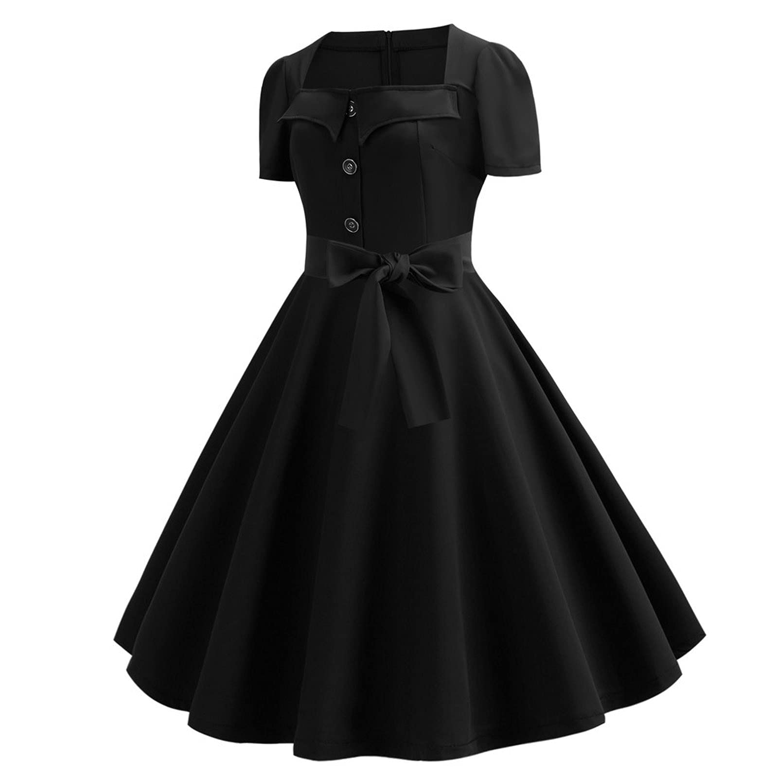 Robe Cocktail Vintage Années 50 - Style Rockabilly, Audrey Hepburn - Manches Longues, Col Rond, Plissée - Polyester