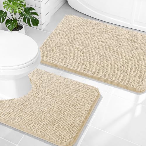 Image of OLANLY Bathroom Rugs Sets 2 Piece, Soft Absorbent Chenille Bath Mats and U-Shaped Contour Toilet Rug, Non-Slip, Machine Washable Bath Carpet, Home Decor Accessories(30 inchx20 inch+24 inchx20 inch, Beige)