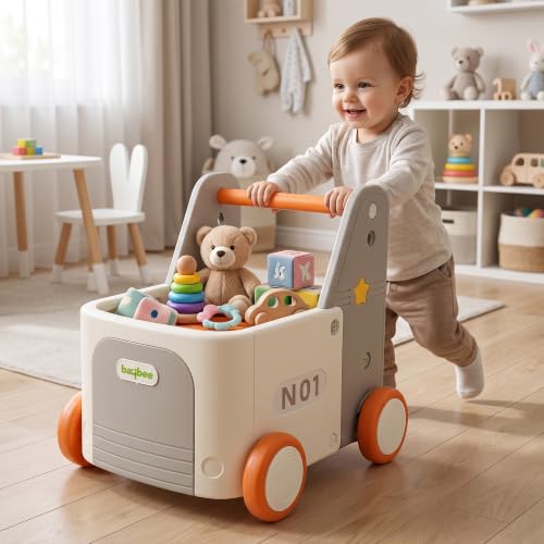 Image of Baybee 4 in 1 Baby Push Walker & Shopping Cart for Kids, Convertible Ride-On Toy, Pull Cart & Toy Organizer, Storage Compartments, Secure Rope Grip, Smooth Wheels & Rounded Edges | Walking Support for 0-3 Years (Orange)