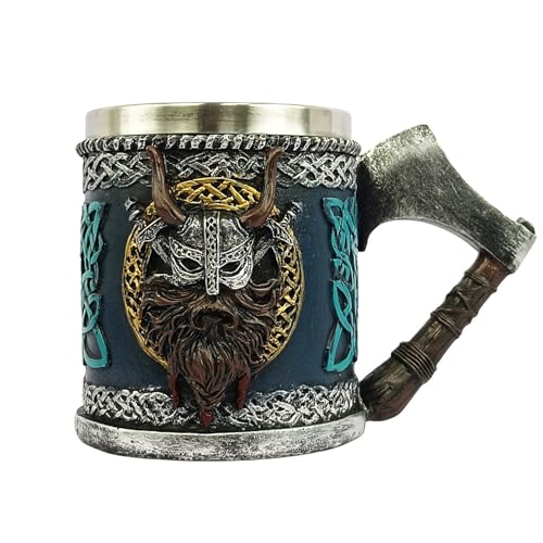 Genérico Jarro nórdico Viking com caveira | Caneca de aço inoxidável 450 ml para cerveja e café, artigo de bar com cabo de machado, presente para homens, pai ou aniversário